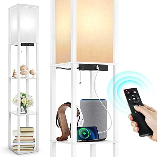 OUTON Floor Lamp Shelf with Remote Control, Dimmable & 4 Colour Temperature Adjustable, 1H Timer, LED Floor Lamp with 2 USB Ports, Floor Lamps with Lampshade for Living Room, Bedroom, Office(White)