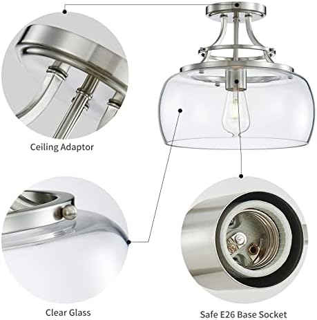 WUZUPS Chandelier Rustic Farmhouse Industrial Round Semi-flushmount Ceiling LED Light Fixture with Clear Glass Shades for Bathroom Kitchen Foyer Entryway, H 30 x W 34, E27 Base, Brushed Nickel