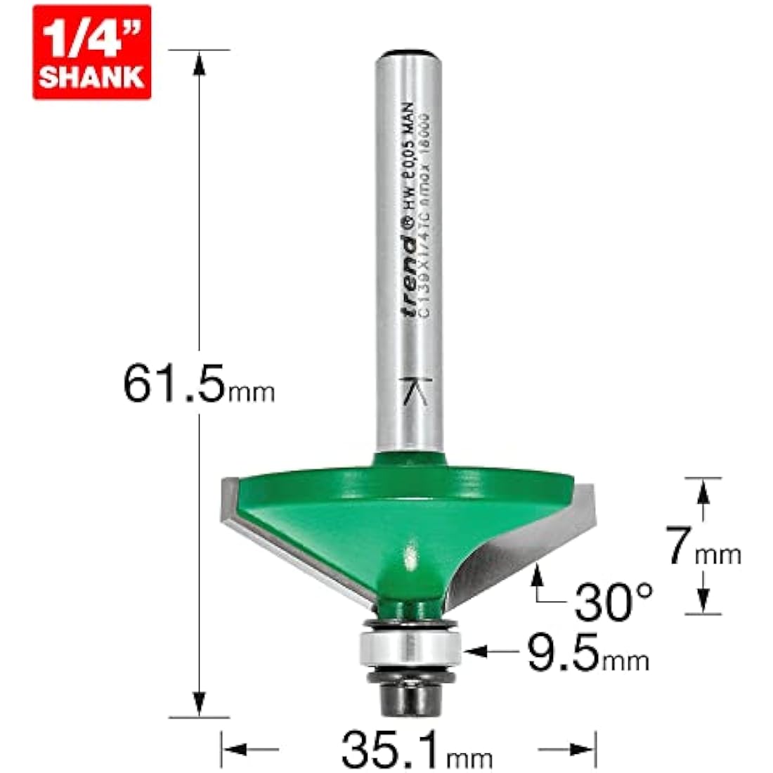 Trend CraftPro Chamfer Router Cutter Bit, 1/4 Inch Shank, 35.1mm Cut Diameter & 30 Degree V Groove, Tungsten Carbide Tipped, C139X1/4TC