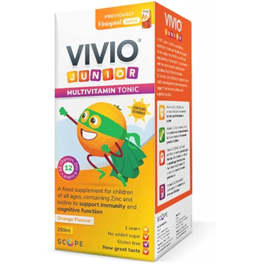 VIVIO Junior Multivitamin Tonic for Kids – 12 Added Vitamins Plus Zinc & Iodine to Support Your Child’s Immunity & Cognitive Function - Orange - 250ml