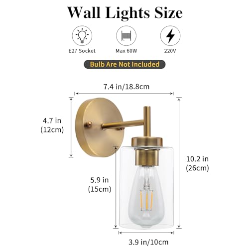 QAREHL Gold Wall Lights, Antique Brass Wall Lights with Glass Shade Vintage Bathroom Wall Light Fixture for Living Room, Bedroom, Hallway, Porch, 1