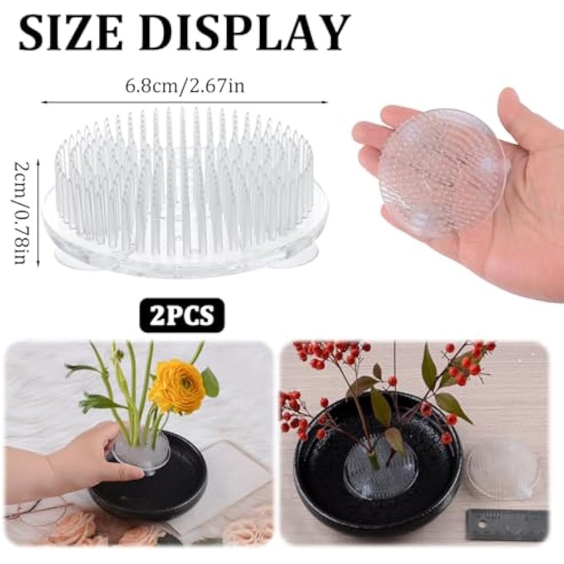 WANDIC Flower Frog, 2 Pcs Round Clear Plastic Ikebana Kenzan Frog Japanese Holder with 3 Suckers for DIY Craft
