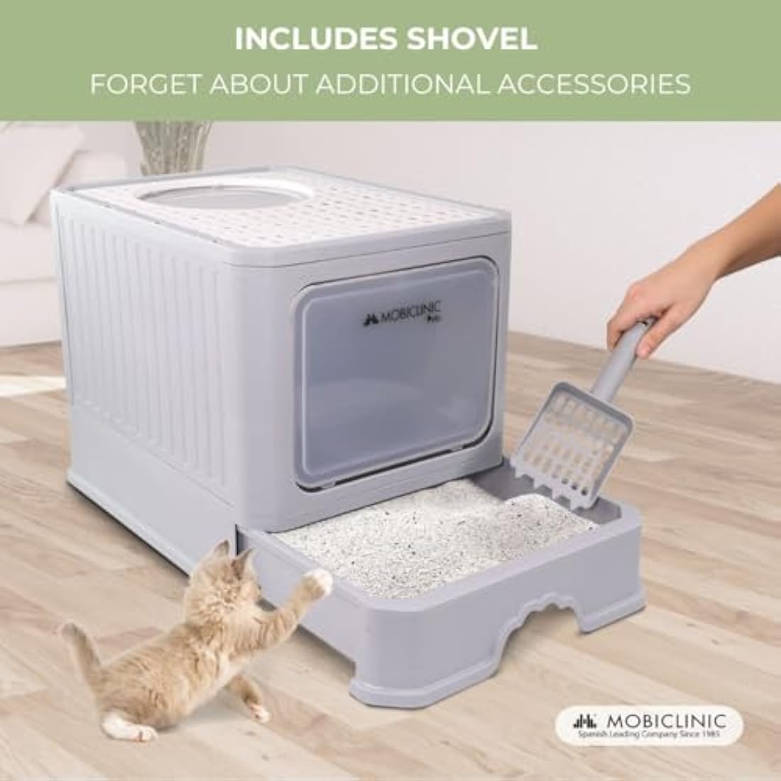 Mobiclinic® Pets, Covered Cat Litter Box, Removable Drawer, Includes Scoop, CatBox, Dual Front and Top Entry with Lid, Top Grid, Elegant Aesthetic, Detachable Structure