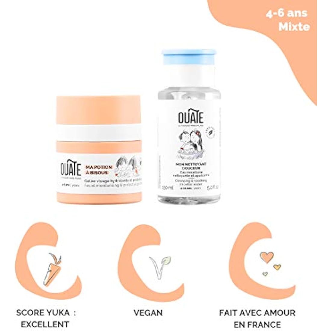 OUATE - Mes Soins à Bisous - Coffret Découverte Soin Visage pour Enfant (Mixte) - 4-6 Ans - 1 Soin Hydratant 30 ml + 1 Nettoyant Visage 150 ml - Formules Vegan - Made in France *#