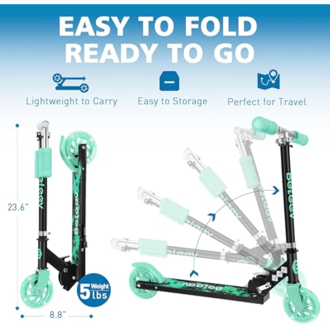 BELEEV V1 Scooter for Kids, 2 Wheels Folding Kick Scooter for Children Girl and Boys, 3 Adjustable Height, Flashing Light up Wheels, Lightweight Scooter with Sturdy Frame, Kickstand, Age 3-12