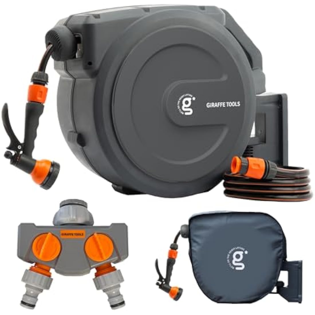 Giraffe Tools Garden Hose Reel Kit with Tap Splitter and Cover, 35m Retractable Hose