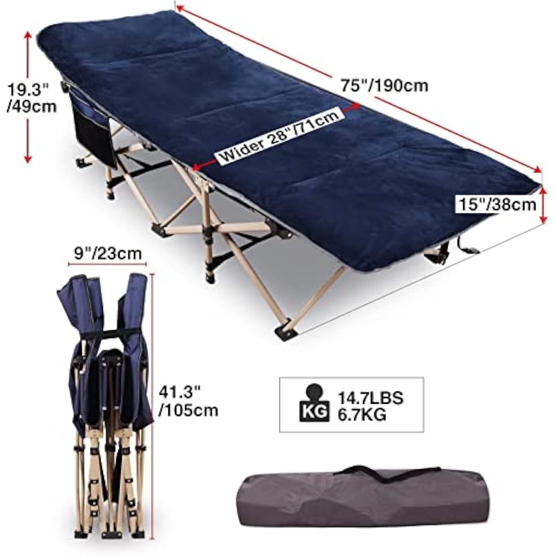 REDCAMP Folding Camping Beds for adults with Soft Mattress, Heavy Duty Sturdy 28" Extra Wide Camp Bed, Stronge Thicker Tubes Sleeping Cot Outdoor Travel Office