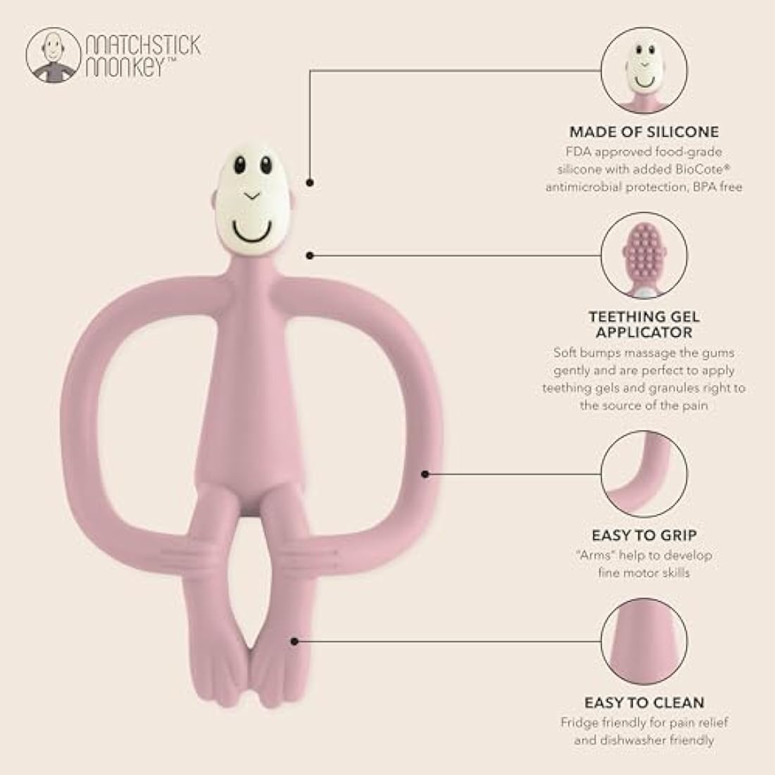 Matchstick Monkey, Original Teether & Gel Applicator, Antimicrobial Silicone Teething Toys for Baby, Easy to Grip, BPA Free, 3 Months Old+, 10.5 cm, Dusty Pink Monkey