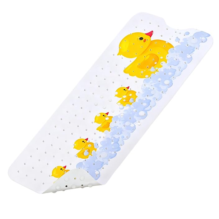 Kids Bath Mat Non Slip Cute Yellow Duck - 100x40cm Extra Long Kids Bath Mat Anti Mould, Machine Washable Toddler Shower Mat with Suction Cups for