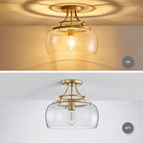 WUZUPS Chandelier Rustic Farmhouse Industrial Round Semi-flushmount Ceiling LED Light Fixture with Clear Glass Shades for Bathroom Kitchen Foyer Entryway, H 30 x W 34, E27 Base, Gold