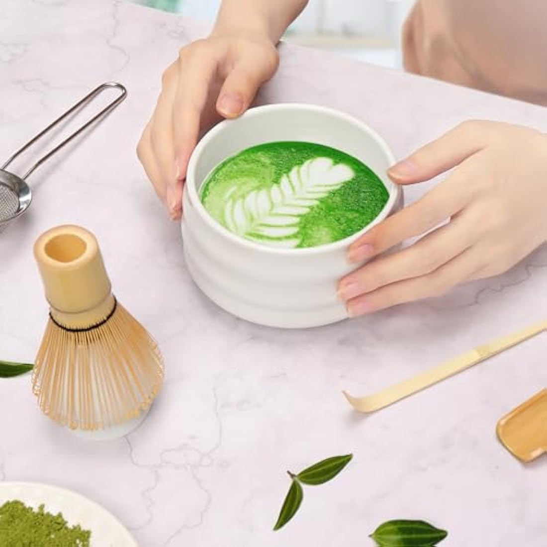 Geebuzz Matcha Whisk Set - Matcha Bowl and Bamboo Matcha Whisk, Scoop, Spoon, Sifter, Whisk Holder, 6pcs Perfect Matcha Starter Kit for Matcha Tea Ceremony (White)