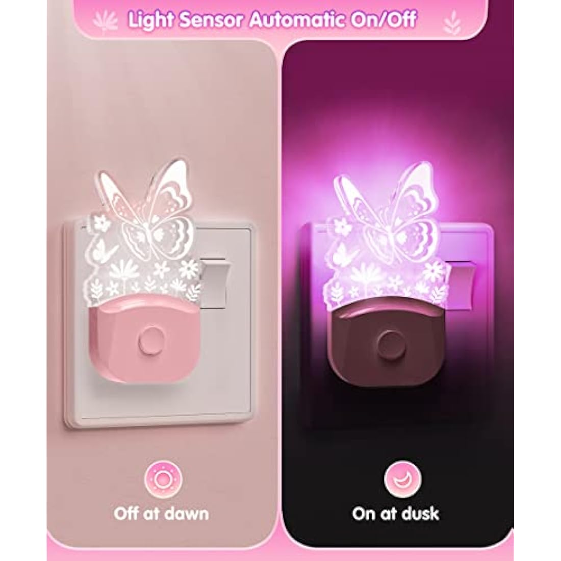 LOHAS-LED Butterfly Night Light for Kids, LOHAS Plug in Night Light, LED Night Light Dusk to Dawn Sensor, RGB + Warm White, 3 Lighting Modes, Gifts for Girls, Kids, Room Decor