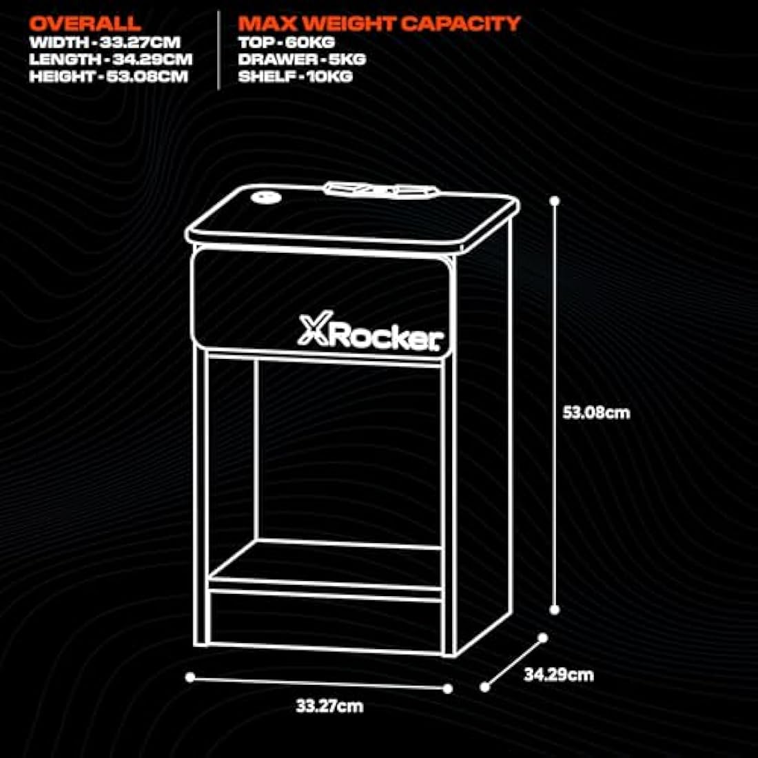 X-Rocker Carbon-Tek Gaming Bedside Table Unit with Built-in Wireless Charging and Ambient RGB Lighting, Gaming Bedroom Furniture Side Cabinet End Table with Drawer and Storage Shelf - GREY/RED