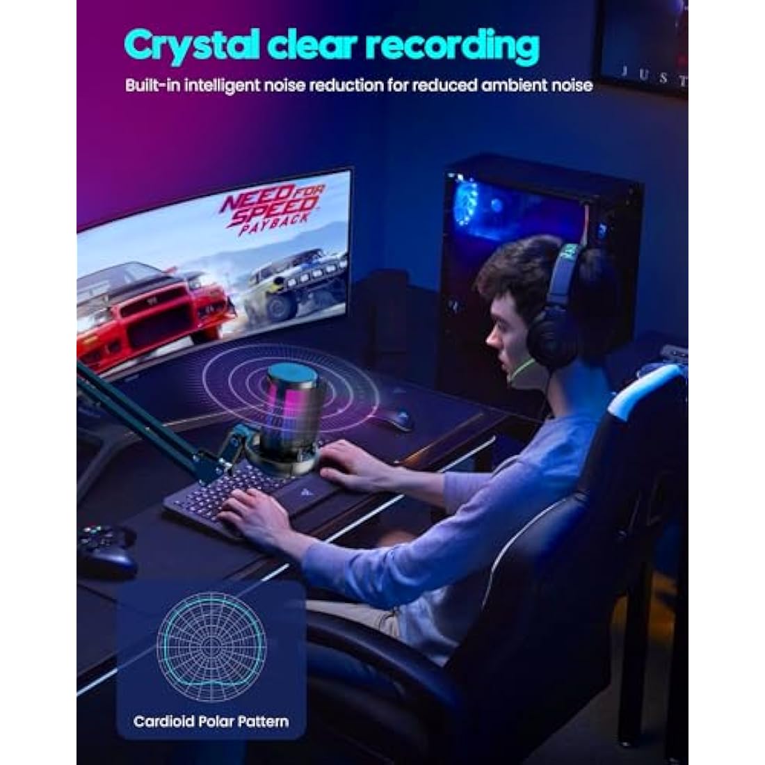 QIUOIO RGB Gaming Microphone with Boom Arm: USB Mic for PC - Streaming & Podcast Microphone Accessory - Suitable for YouTube & TikTok