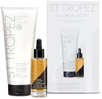 St. Tropez Self Tan Glow and Go Kit, Gradual Tan Moisturising Lotion 200ml, Face Tanning Tonic Glow Drops 30ml, Vegan, Fake Tan Beauty Kit