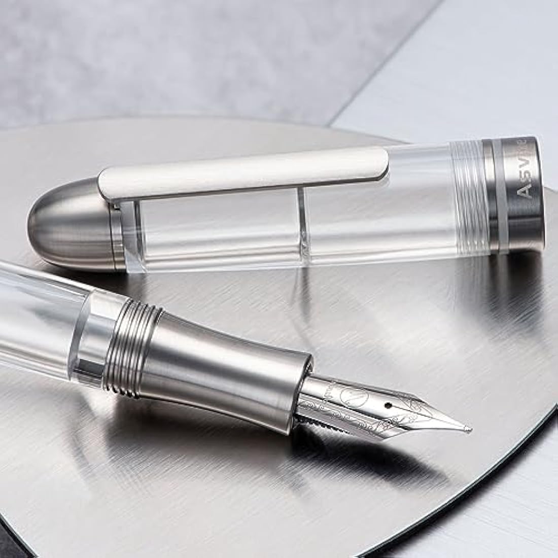 Asvine P36 Titanium Fountain Pen Piston Filling, Irdium Mediun Nib Clear Transparent Acrylic Smooth Writing Pen Case Set, Torpedo shape