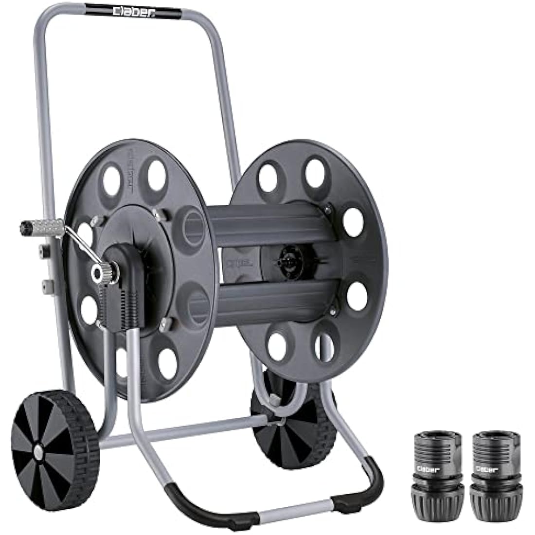 Claber Metal Gemini hose reel with metal frame and drum, ideal for large-sized gardens