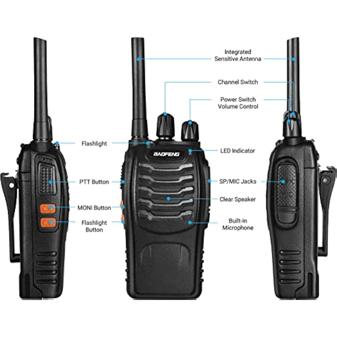 Walkie Talkies Long Range Rechargeable Walkie Talkie Set Portable Handheld 16Channels Two Way Radio with Earpiece,Build in LED Light for Adults Outdoor Jobs Travel Communication (3 pcs)