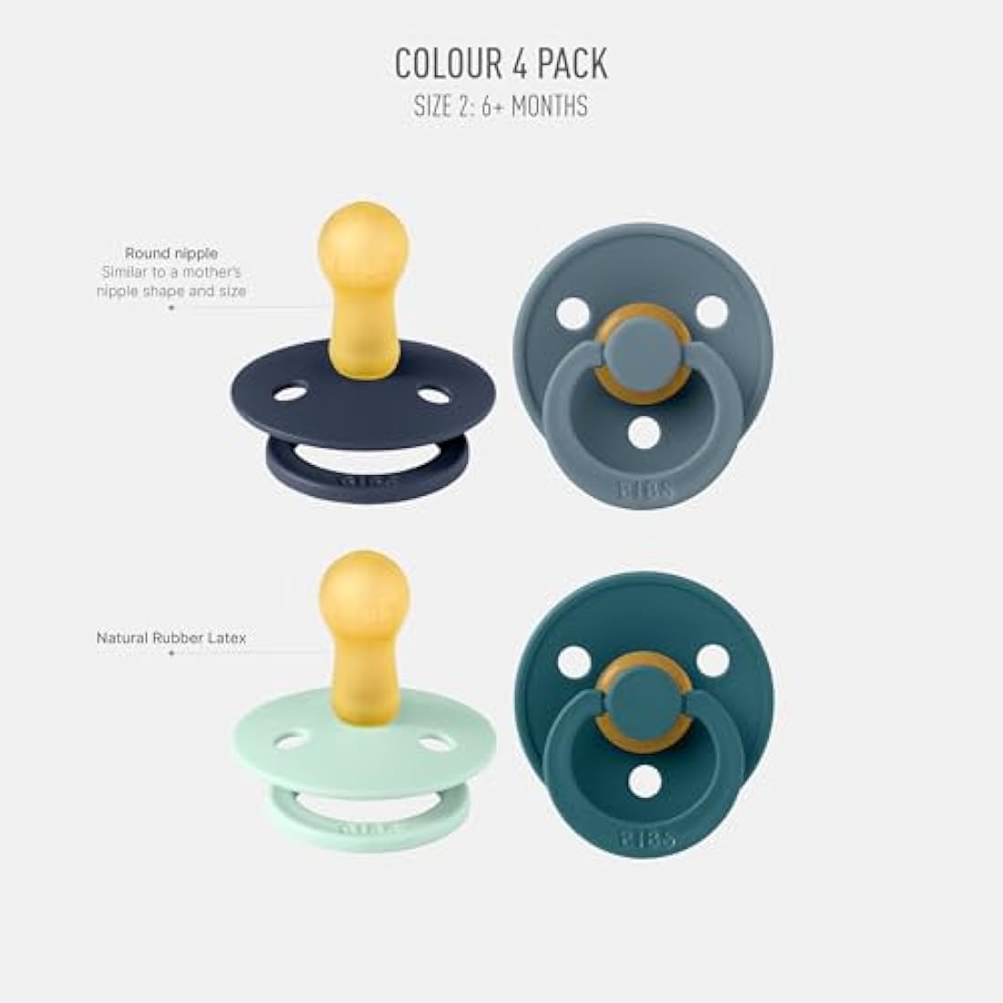 BIBS Dummies Colour 4-Pack, BPA Free Dummy Pacifier, Round Nipple Soothers, Natural Rubber Latex, Made in Denmark. 6-18 Months (Pack of 4), Baby Boy Colours