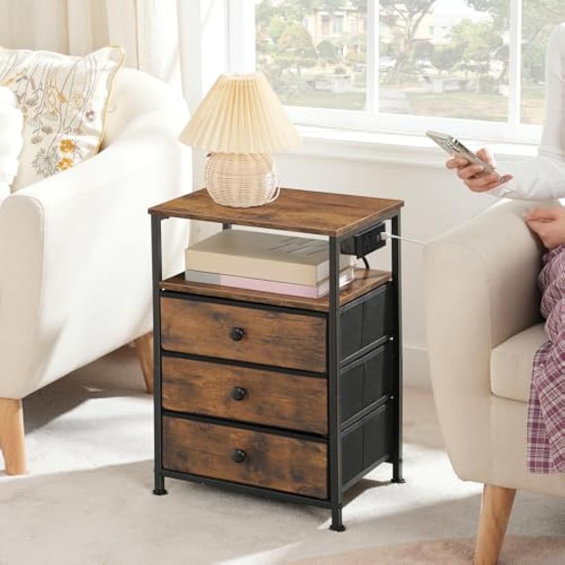 HOOBRO Bedside Table with Charging Station, End Table with 3 Fabric Drawers, Sofa Side Table with USB Ports and Socket, Nightstand for Bedroom, Living Room, Rustic Brown and Black EBF403KBZ01