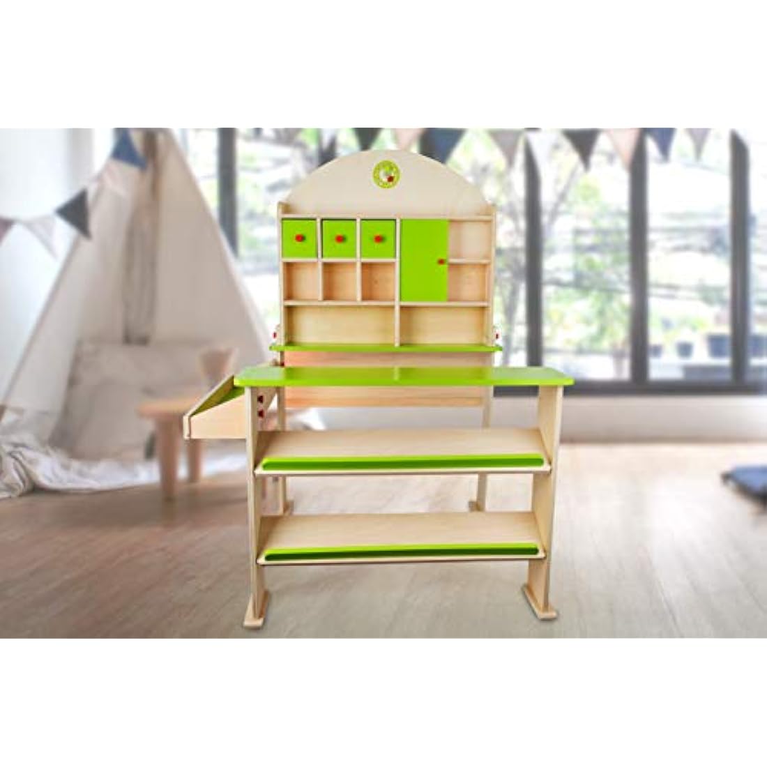 small foot 10587 "Market day" wooden stall with compartments and doors for goods of the merchant shop, from 3 years old