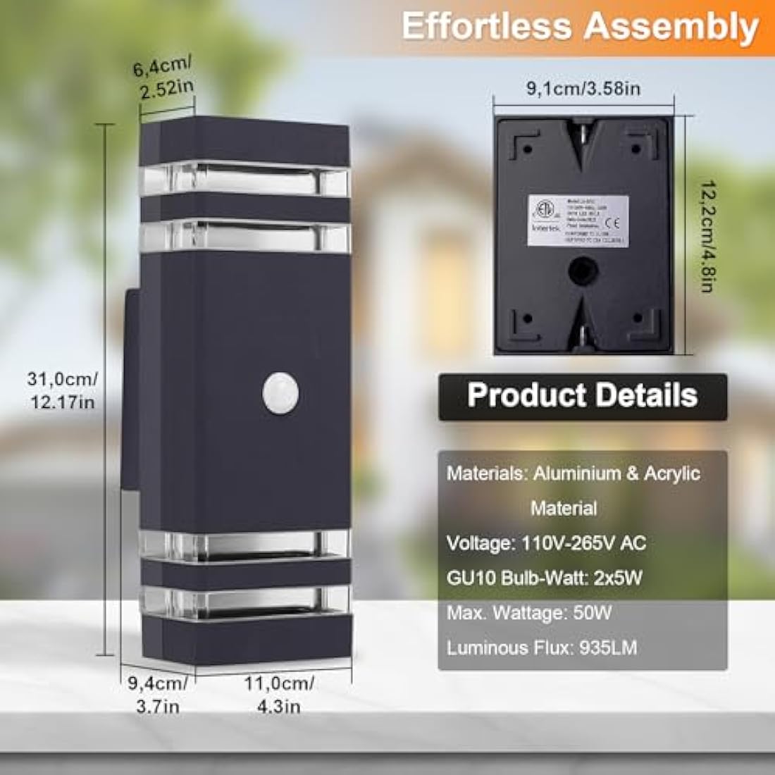 CELAVY Up Down Outside Lights with Motion Sensor, PIR Outdoor Wall Light Mains Powered, IP65 Square Front Door Porch Light Electric, Security LED External Exterior Lamp for House 2 Pack, Anthracite