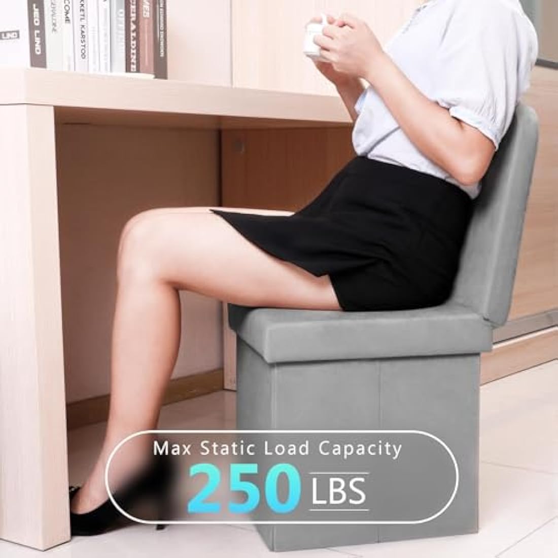 Bonlife Grey Folding Ottoman Storage Box with Seat Back Bedroom Chair Sturdy with Removable Lid 38x38x72cm