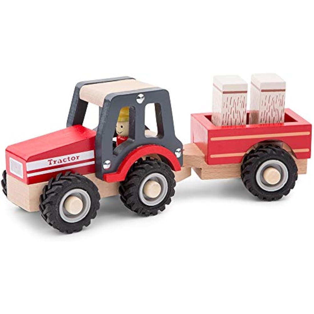 New Classic Toys Wooden Tractor with Hay Stacks for Toddlers 18+ Months Educational Toys for Preschool Age Toddlers Boys Girls, Red