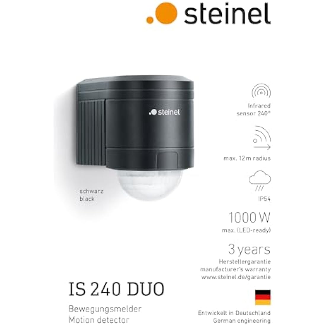 Steinel IS 240 DUO black - motion detector with 240° angle of coverage and max. 12 m range, infrared motion detector for indoor and outdoor use, incl. corner wall mount, 602710