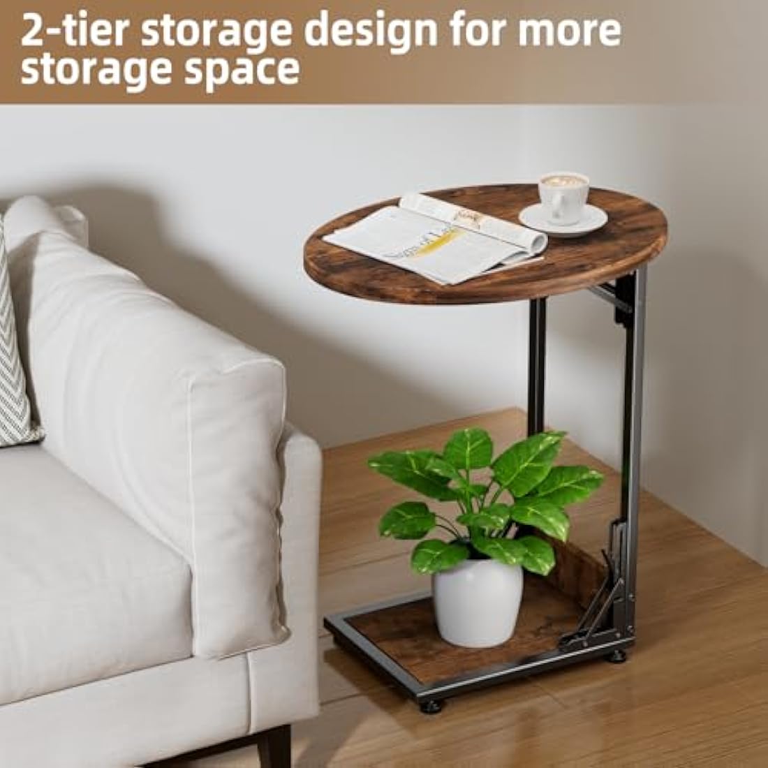 Mutool C Shaped Side Table, Foldable Round Sofa Table with Metal Frame, Small Coffee Table for Living Room Bedroom Office, Rustic Brown & Black