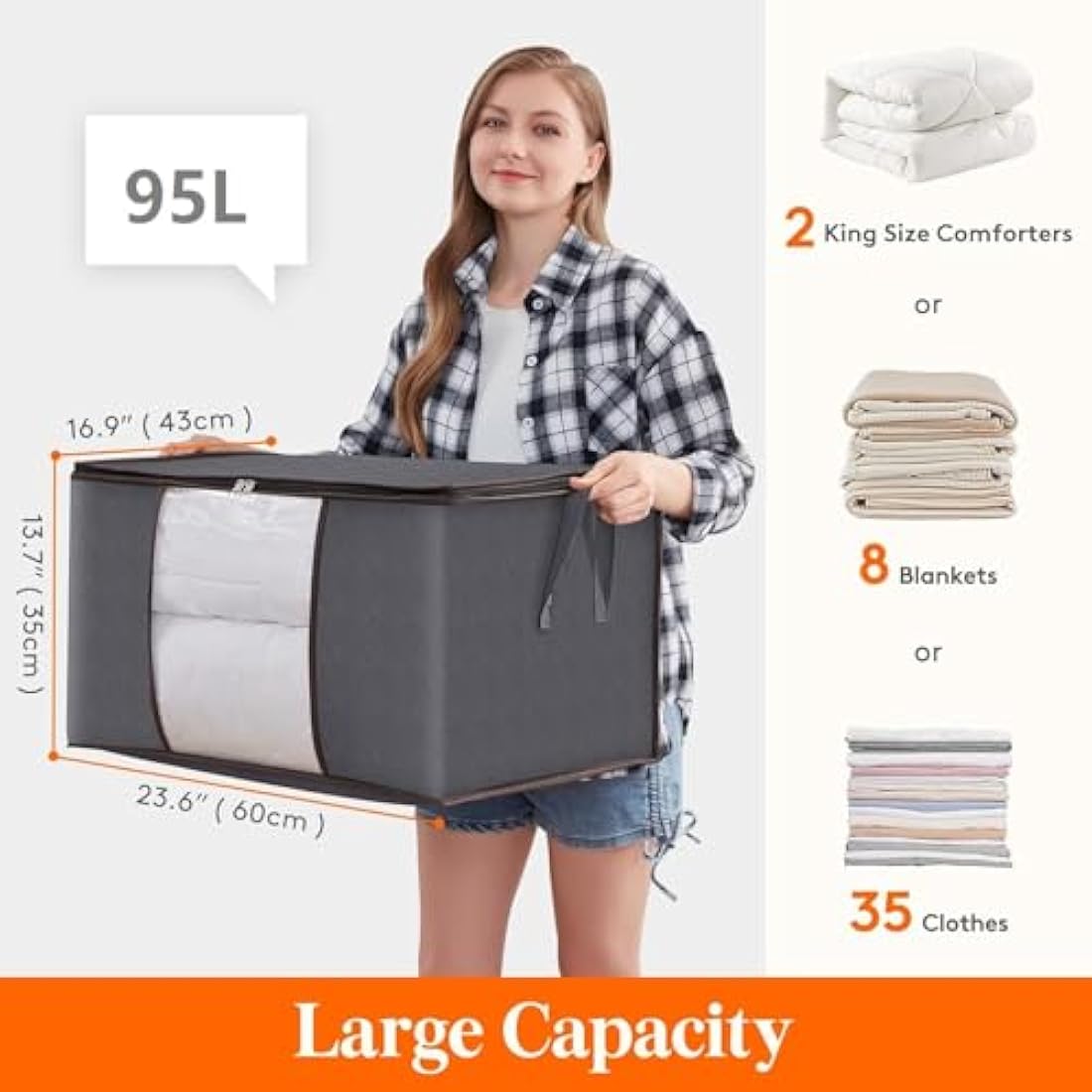 Lifewit Large Capacity Clothes Storage Bag Organizer with Reinforced Handle Thick Fabric for Comforters, Blankets, Bedding, Foldable with Sturdy Zipper, Clear Window (Grey, 10 Pack)