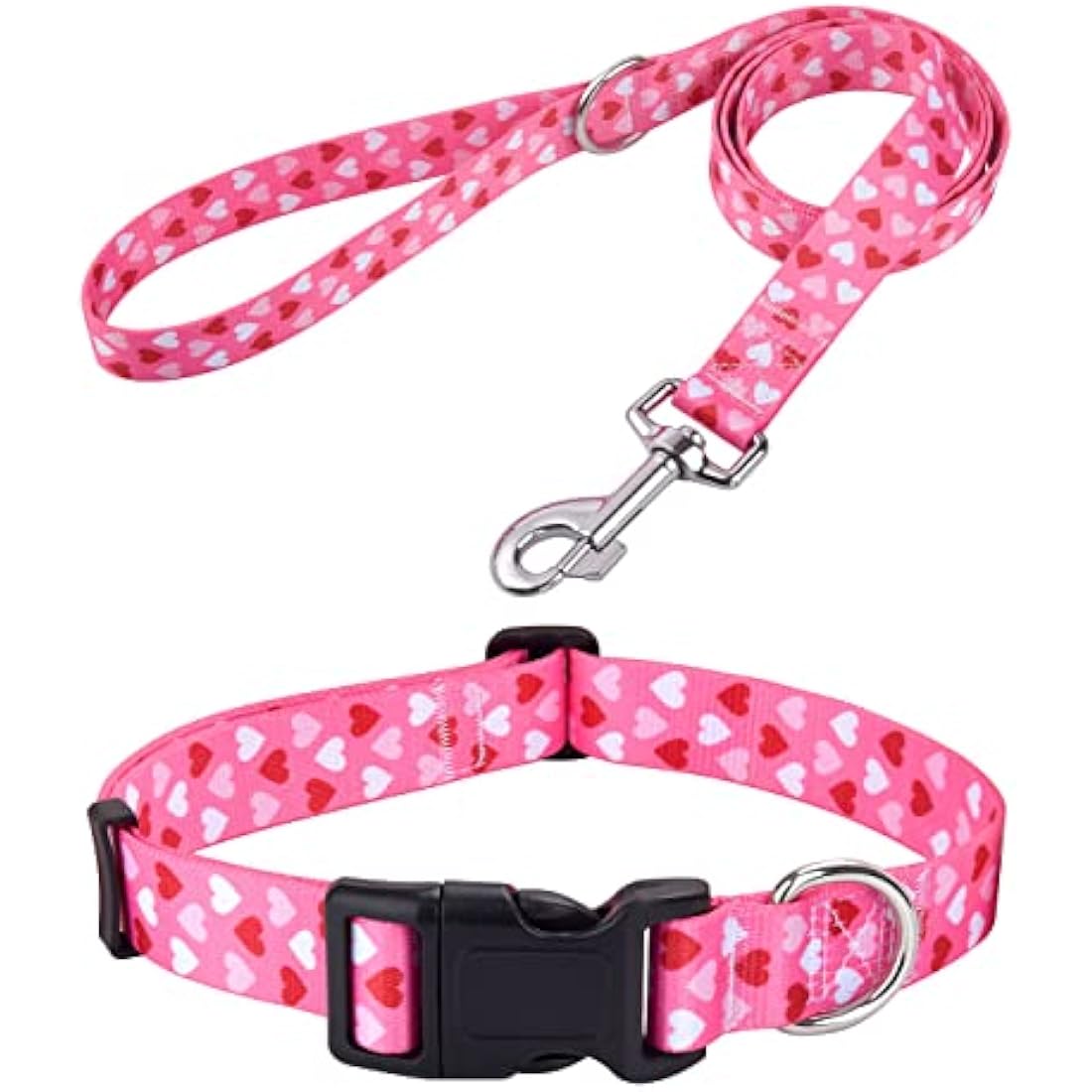 Mihqy Valentine's Day Dog Collar and Lead Set - Adjustable Heart Dog Collar - Love Theme - Perfect for Small Medium Large Dogs(Pink Heart Set,L)