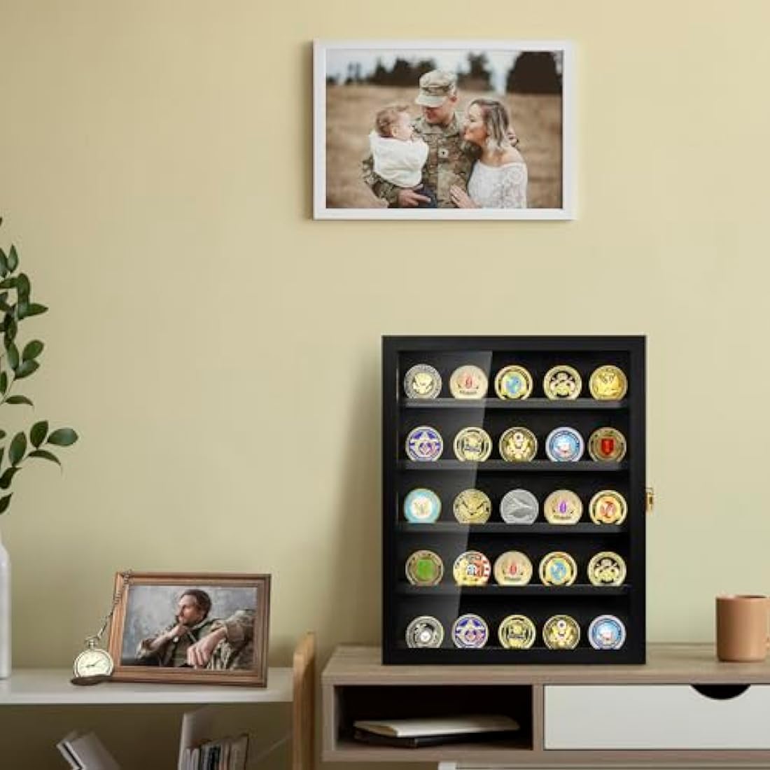 Military Challenge Coin Display Case, Coin Display Holder Wall Mount with Removable Shelves, Shadow Box for Medals Pin Badges Buttons