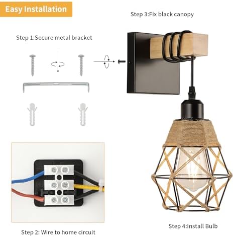 FORCOSO Wall Lights Indoor 2-Pack, Vintage Wood Wall Lamp Black, E27 Sconce Lights, Industrial Lights Fittings, Rustic Rope Lighting Fixtures Living Room Bedrooms Hallway