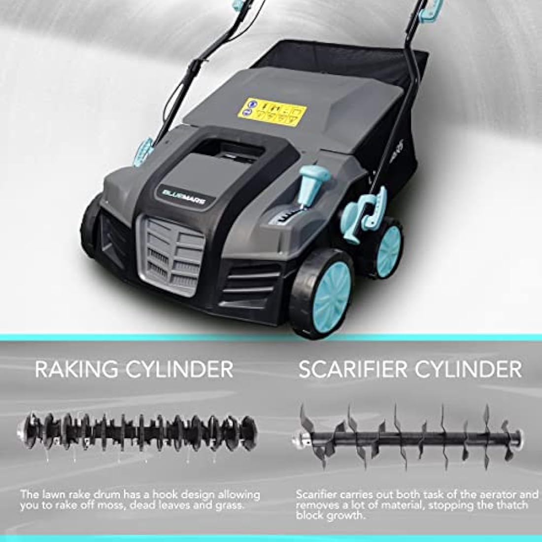 Bluemars 2000W Lawn Scarifier and Aerator, 40CM Working Width Electric Lawn Rake,5 Positions,55L Grass Box, Folding Handle,10M Power Cord