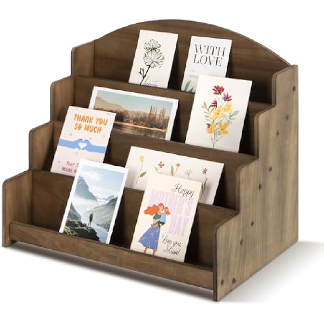 PUERSI Greeting Card Display Stand Holder Rack Organizer, for Postcard Sticker Vendors Retail, 4 Tier Wooden Card Display Stand, Brown