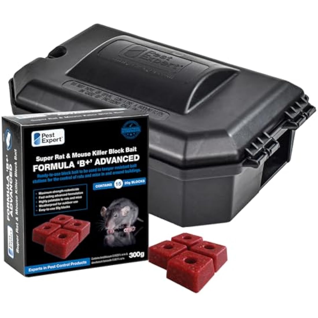 Pest Expert Rat/Mouse Killer Poison Bait Blocks (300g - 15 Blocks) Single Feed Fast-Acting Rat Poisoning Super Strength for Indoor/Outdoor Use & Heavy-Duty Rat Bait Box Station for Safe Control