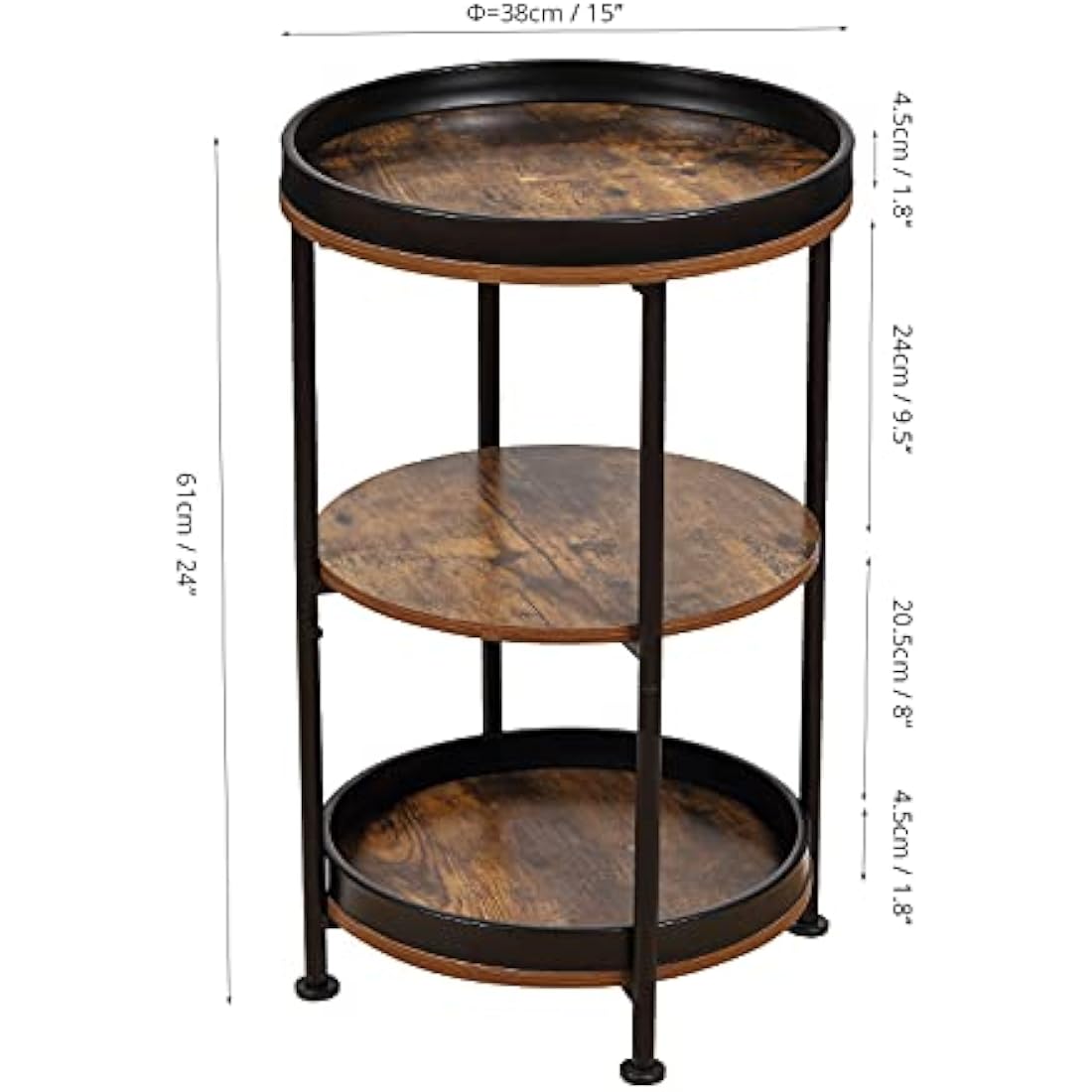 YEAKOO Industrial Nordic End Table, 3-Tier Round Side Table with Storage Shelf Edge Protection Tray, Sturdy Metal Frame Coffee Table Bedside Table for Living Room Bedroom Small Spaces/Rustic Brown