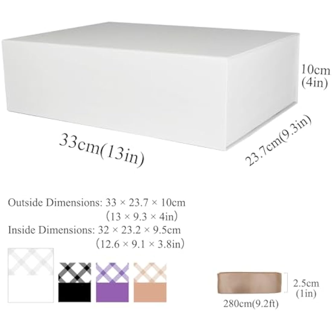 Tekhoho White Large Gift Box 33x23.7x10 cm, Premium Present Box with Magnetic Lid and Ribbon for Holidays Wedding Birthday Gift Packaging, Plaid Lining
