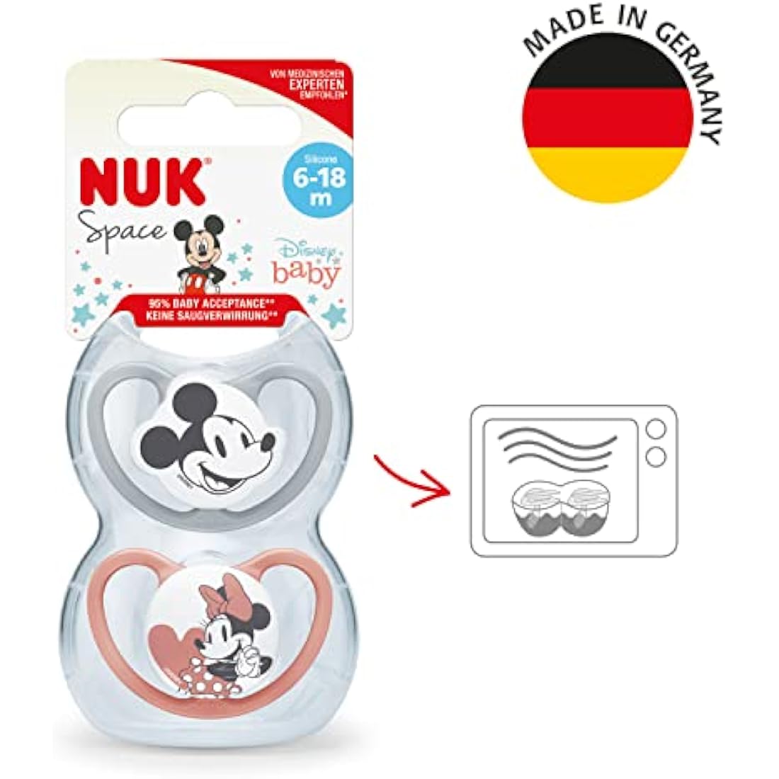 NUK Space Baby Dummy | 6-18 Months | Soothers with Extra Ventilation | BPA-Free Silicone | Mickey & Minnie Mouse | 2 Count