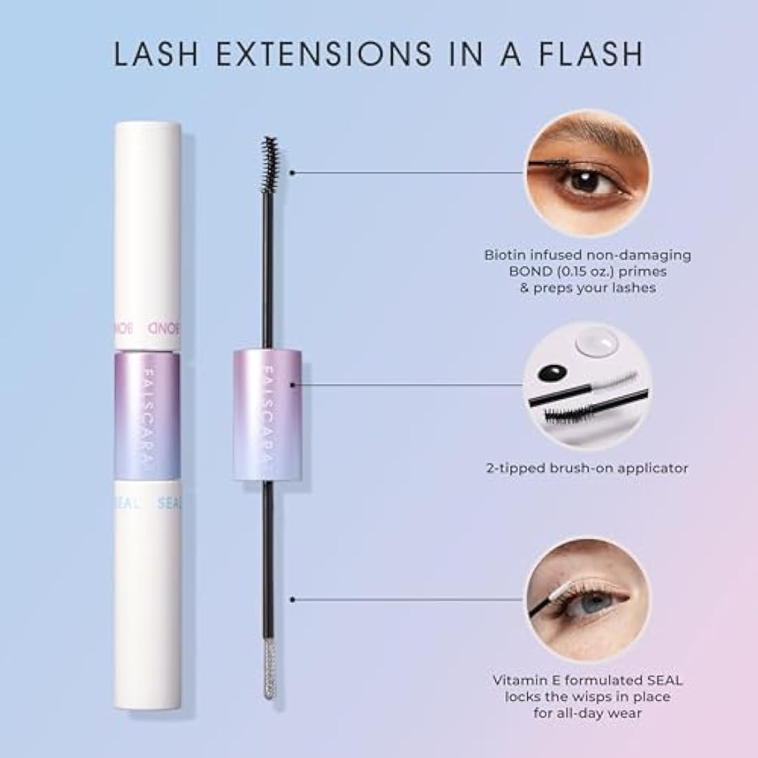 KISS Falscara DIY Eyelash Extension Bond & Seal Infused with Biotin & Vitamin E, Strong Gentle Comfortable Lash Adhesive for All Day Wear for Use with Lash Wisps, Remover and Applicator, White
