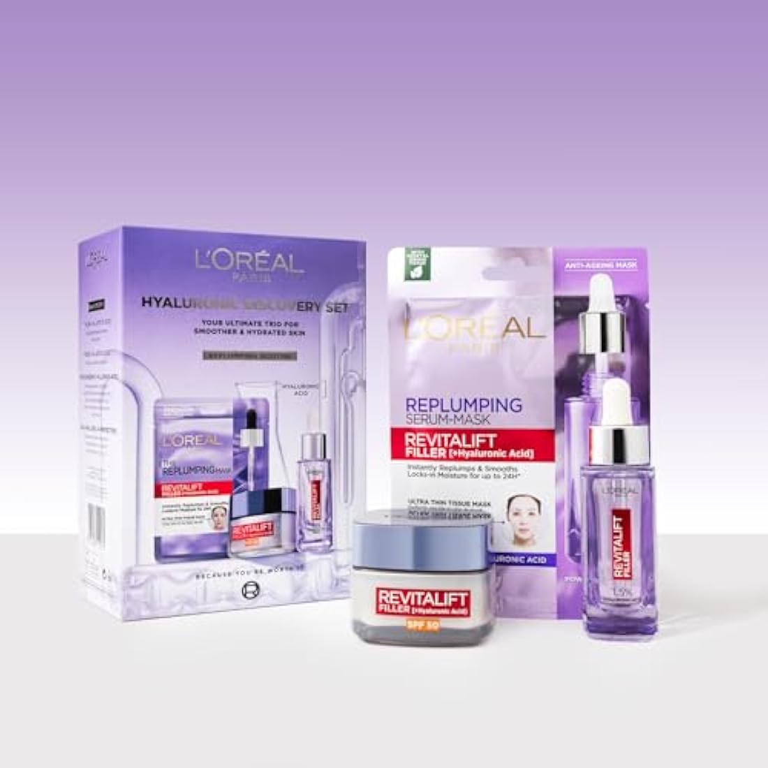 L'Oréal Paris Hyaluronic Discovery Set Gift Set - Revitalift Filler 1.5% Hyaluronic Acid Serum, Day cream and Replumping Tissue Mask