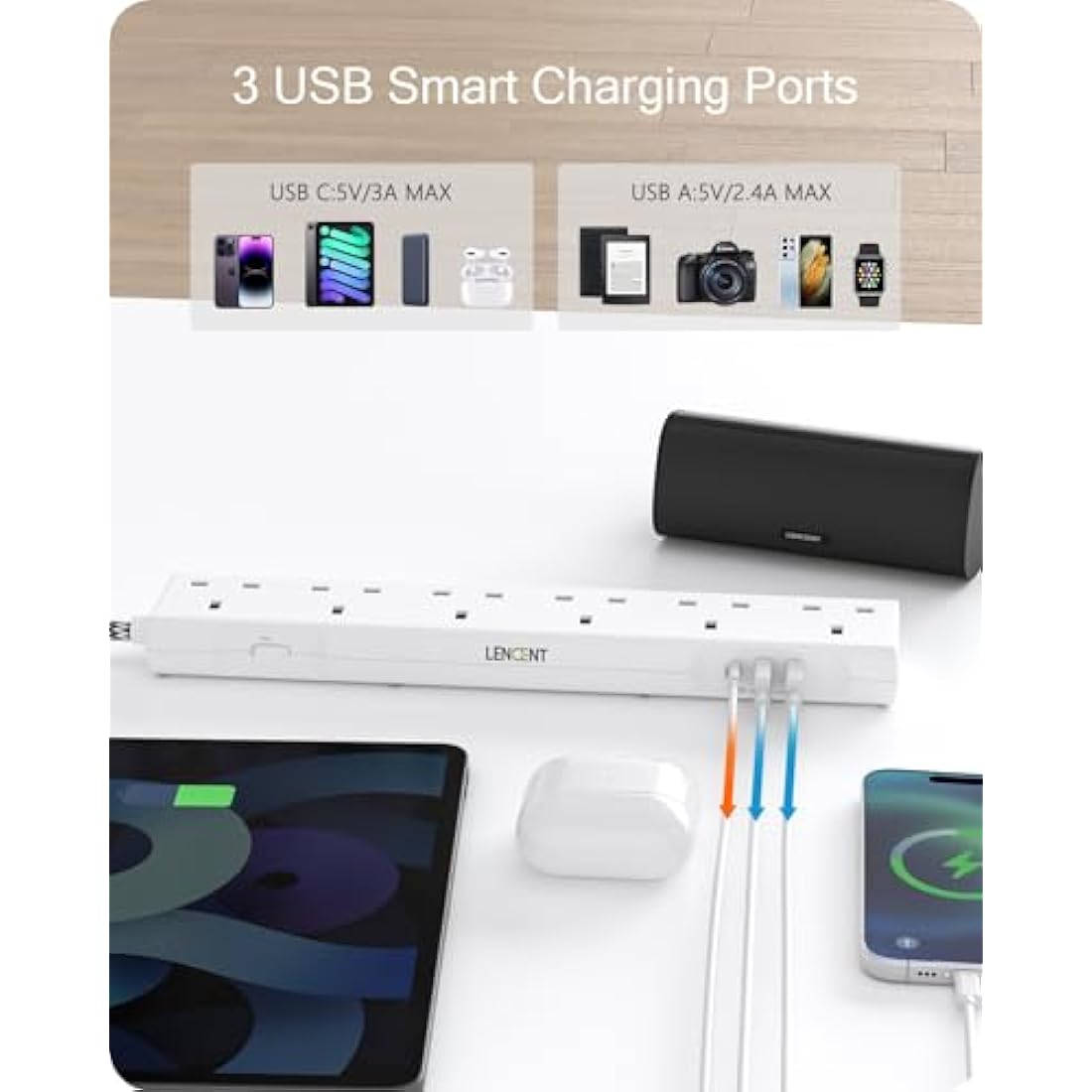 LENCENT 3M Extension Lead with USB Slots, 6 Way Outlets Power Strip with 1 USB-C and 2 USB Slots,Multi Power Plug Extension with 3M Braided Extension Cord for Home Office, White