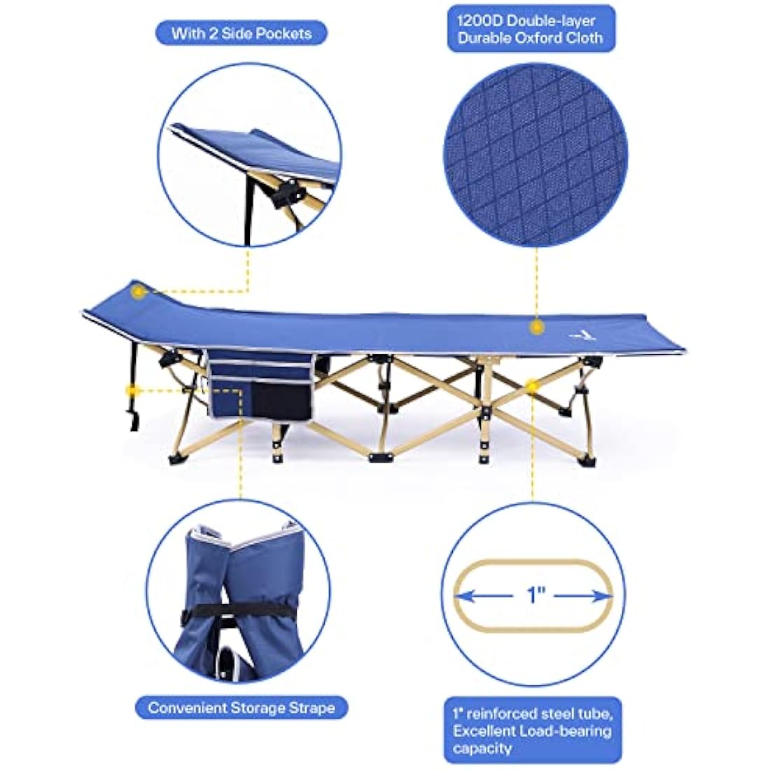 Sportneer Camp Beds for Adults with 1.5" Thick Mattress, Camping Bed 74 * 28" Extra Wide Support 450lbs for AdultsTravel Fishing Picnic Outdoor