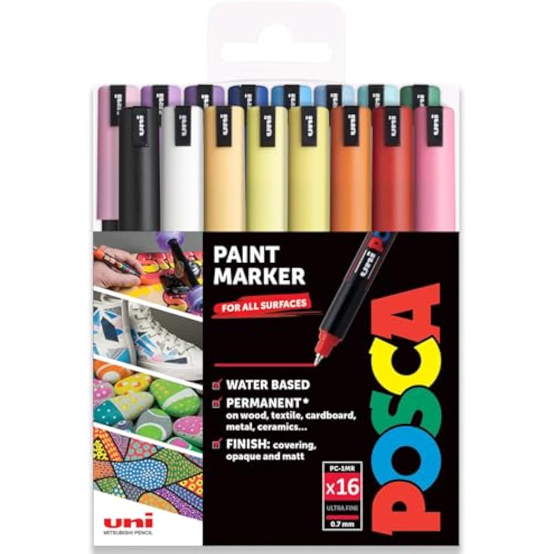 Posca Water Based Permanent Marker Paint Pen - Multi Surface Use - PC-1MR, 0.7mm Ultra Fine - Starter Set of 16 in Gift Wallet