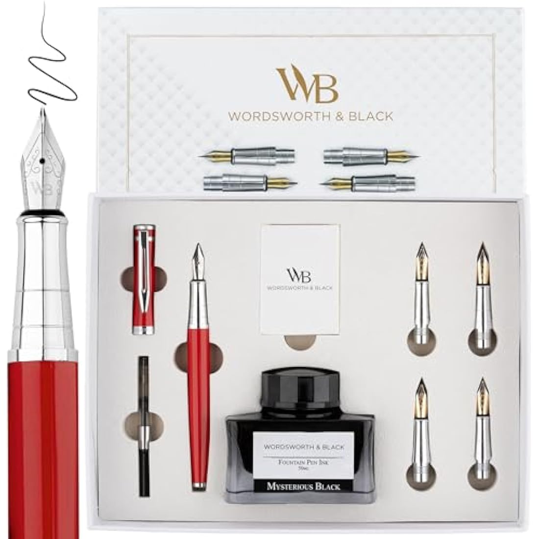 Wordsworth & Black Fountain Pen Gift Set, Includes Ink Bottle, 6 Ink Cartridges, A Refill Converter, 4 Replacement Nibs, Premium Package, Journaling, Calligraphy, Smooth Writing Pens [Red Chrome]
