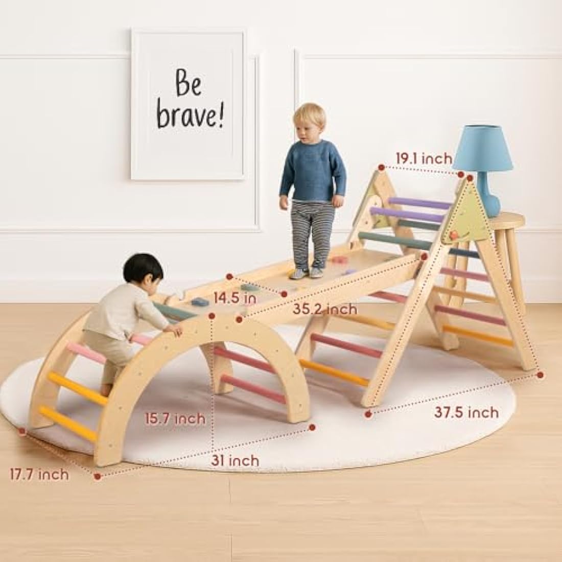 LOL-FUN 3in1 Wooden Climbing Frame for Toddlers, Baby Climbing Toys Pikler Triangle Set with Ramp and Arch, Montessori Indoor Play Jungle Gym for Kids 100x49x11CM Package-Rainbow