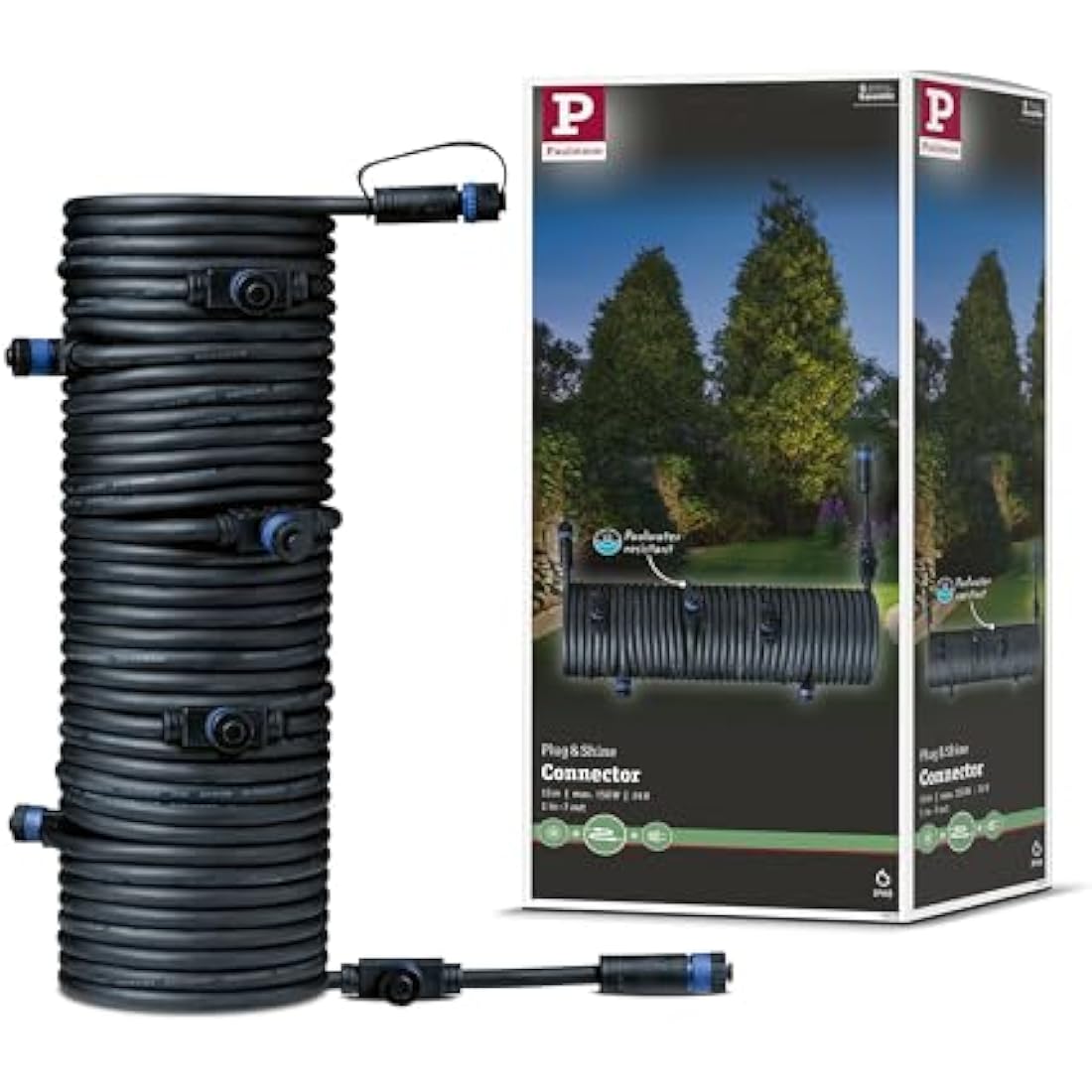 Paulmann 93931 Outdoor Plug & Shine Cable IP68 15m 1 in-7 Out 2x1,5mm² Black Plastic, 1500 x 1.5 x 1.5 cm