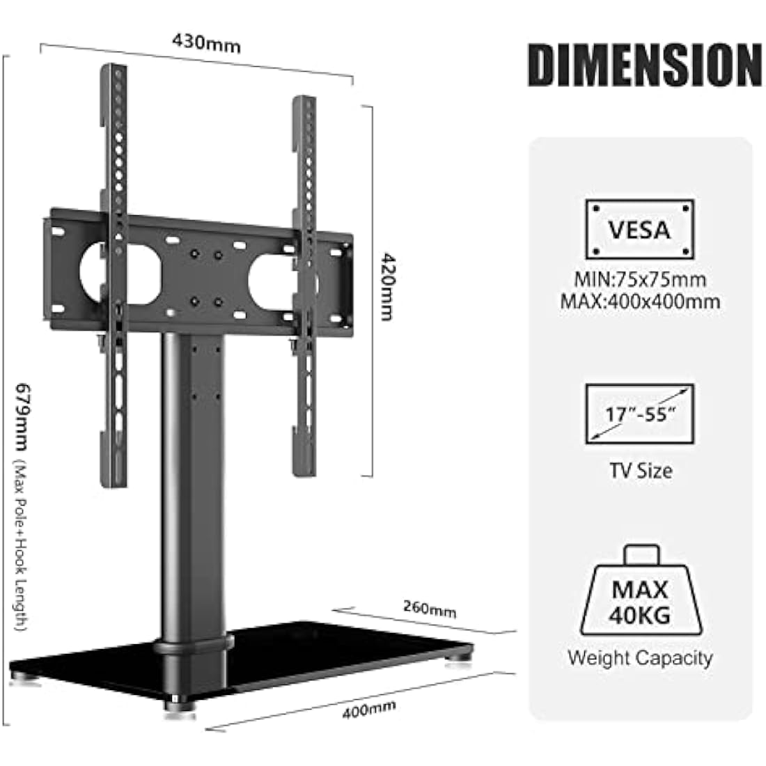 Suptek Universal TV Stands, Table Top TV Stand, Pedestal TV Stand for Most 17"-55" Screens, Height Adjustable TV Base Stand with Tempered Glass Base and Wire Management, Hold up to 40kg, VESA 75/400mm