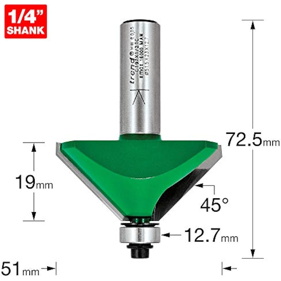Trend CraftPro Chamfer Router Cutter Bit, 1/2 Inch Shank, 51mm Cut Diameter & 45 Degree V Groove, Tungsten Carbide Tipped, C197X1/2TC, Silver